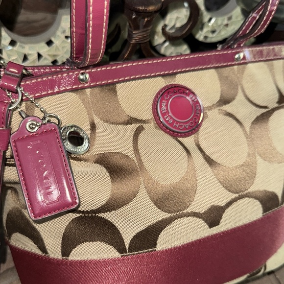 Coach Signature Canvas Shoulder Bag - Brown and Red - Picture 11 of 15